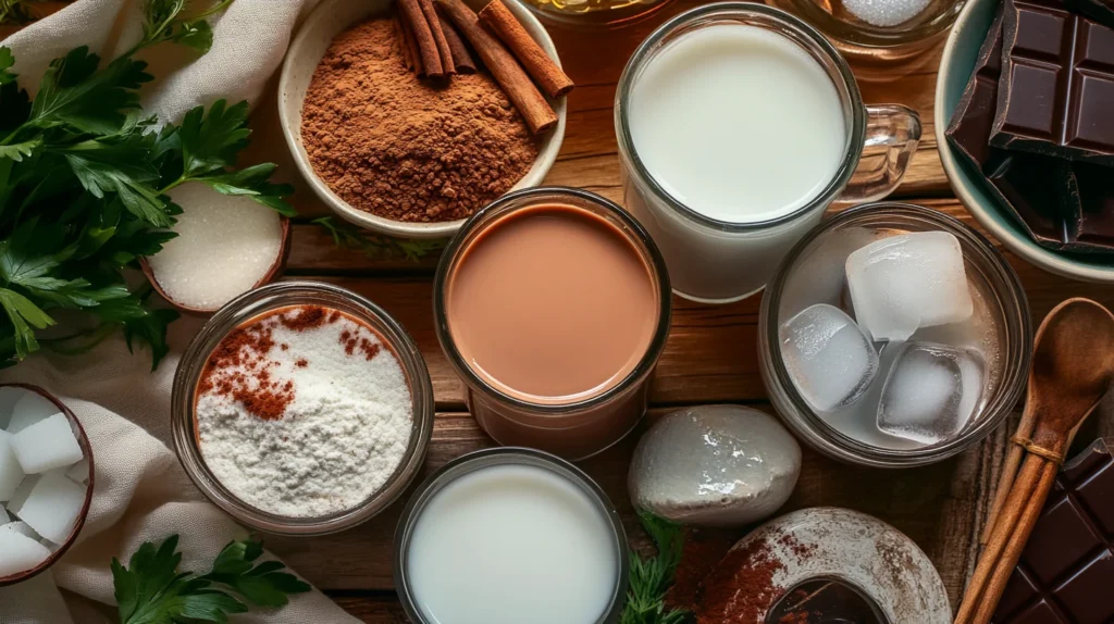 Ingredients for homemade chocolate milk recipe arranged on a countertop