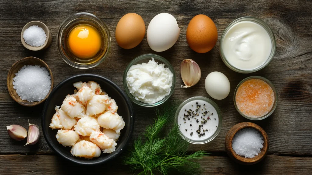 Ingredients for crab brûlée on a wooden table