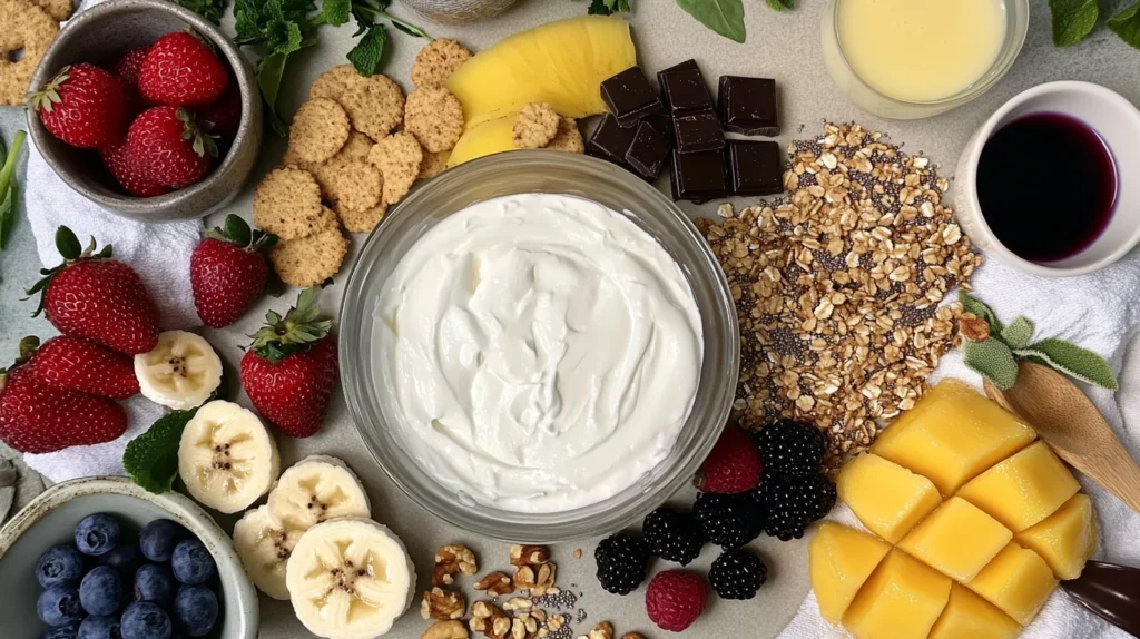 Overhead shot of a Greek yogurt dessert ingredients with fruits and granola