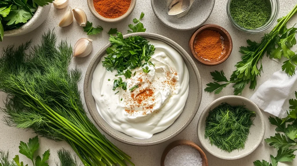 Ingredients for Hidden Valley Ranch Dip neatly arranged