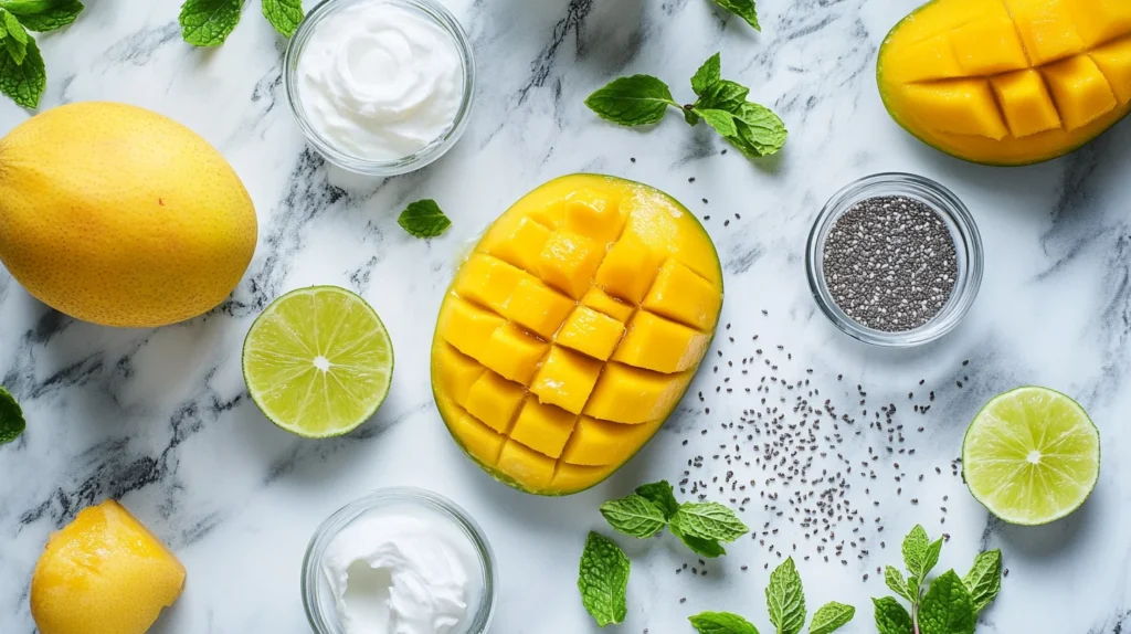 Fresh mangoes, coconut milk, whipped cream, chia seeds, lime, and sugar arranged on a sleek marble countertop in a modern kitchen.