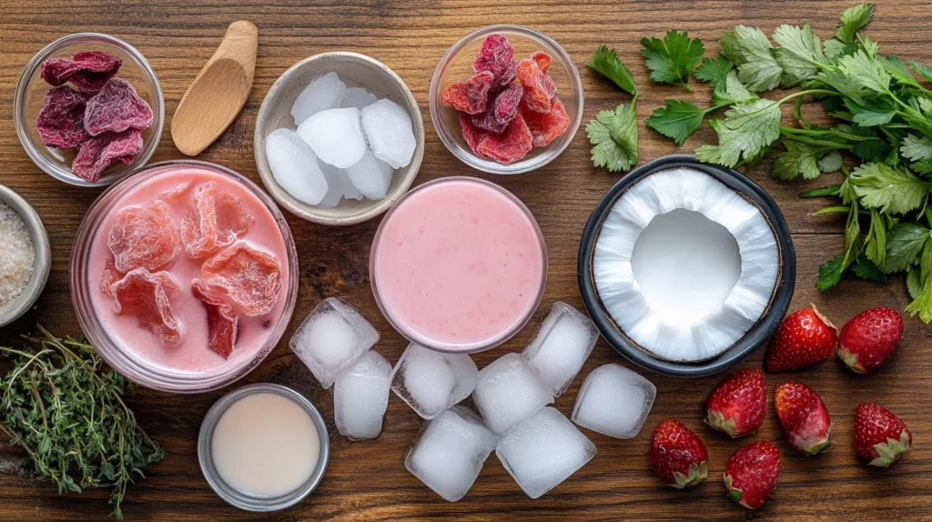 Pink drink recipe ingredients laid out on a table