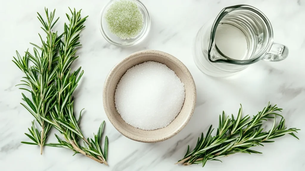 "Ingredients for rosemary simple syrup on a marble countertop."