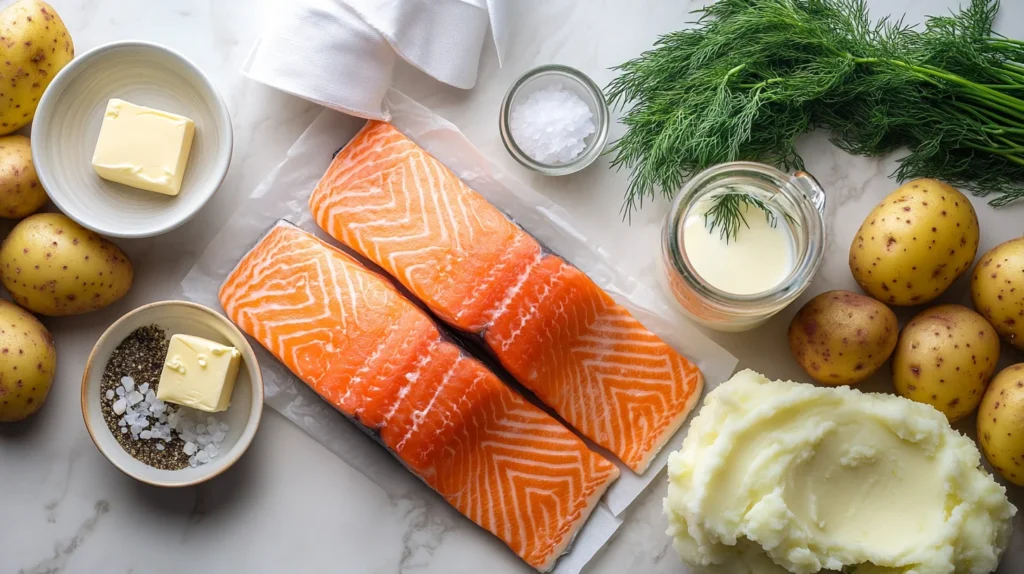 "Ingredients for salmon and mashed potatoes arranged on a marble countertop."