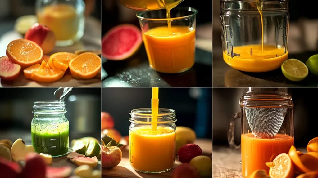 Juice preparation steps in a four-panel collage