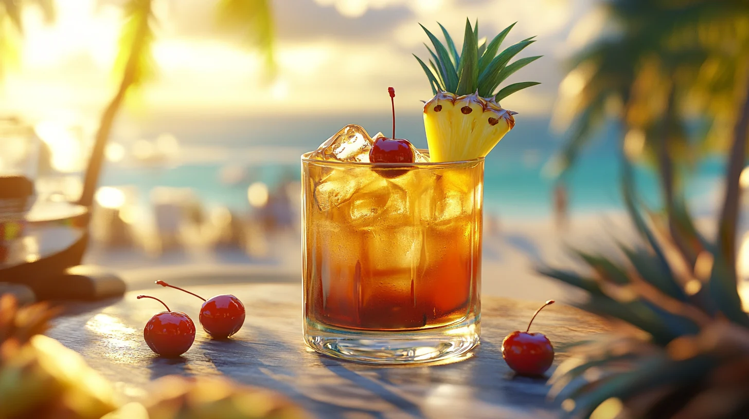 Vibrant tropical cocktail with Malibu Bay Breeze ingredients in a summer beach setting.