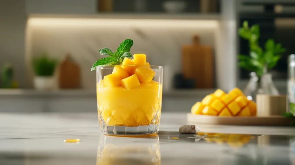 A glass cup of mango mousse topped with mango cubes, mint leaves, and a drizzle of honey on a marble counter.