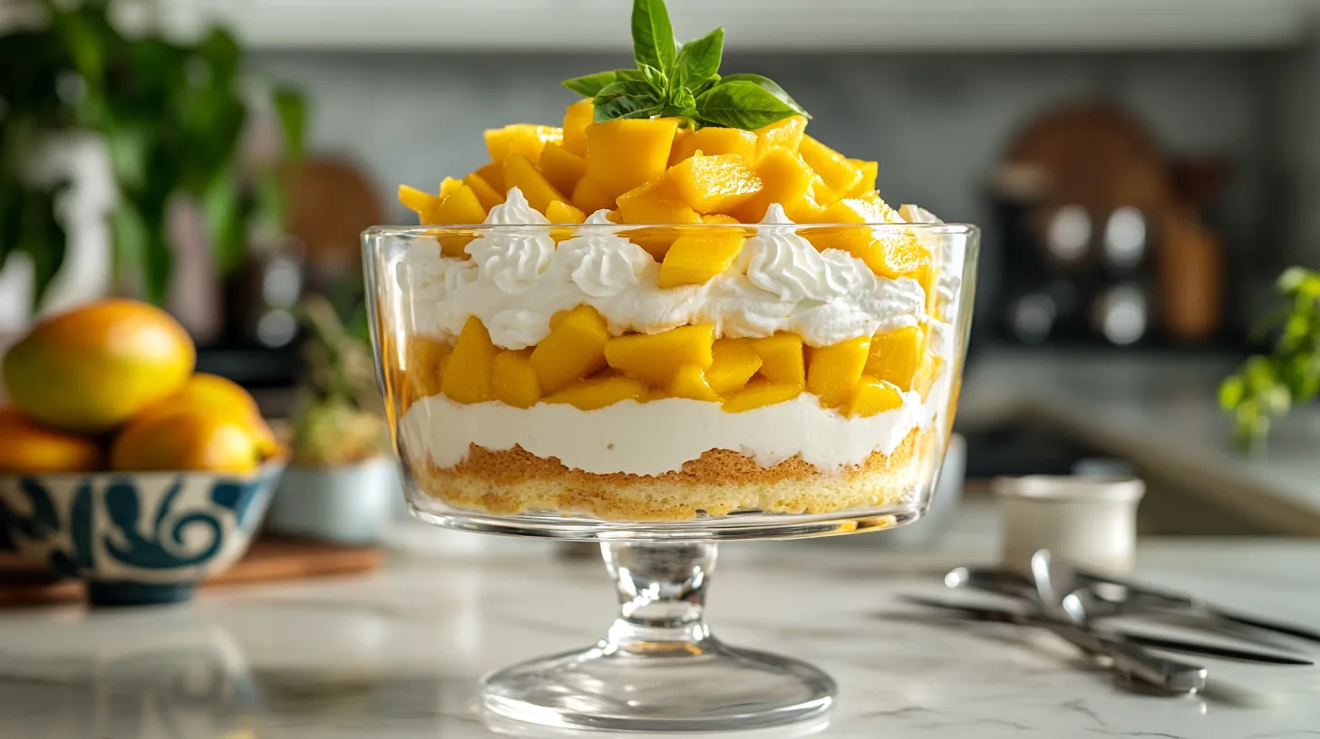 A layered mango trifle with sponge cake, whipped cream, and fresh mango slices, served in a clear bowl.