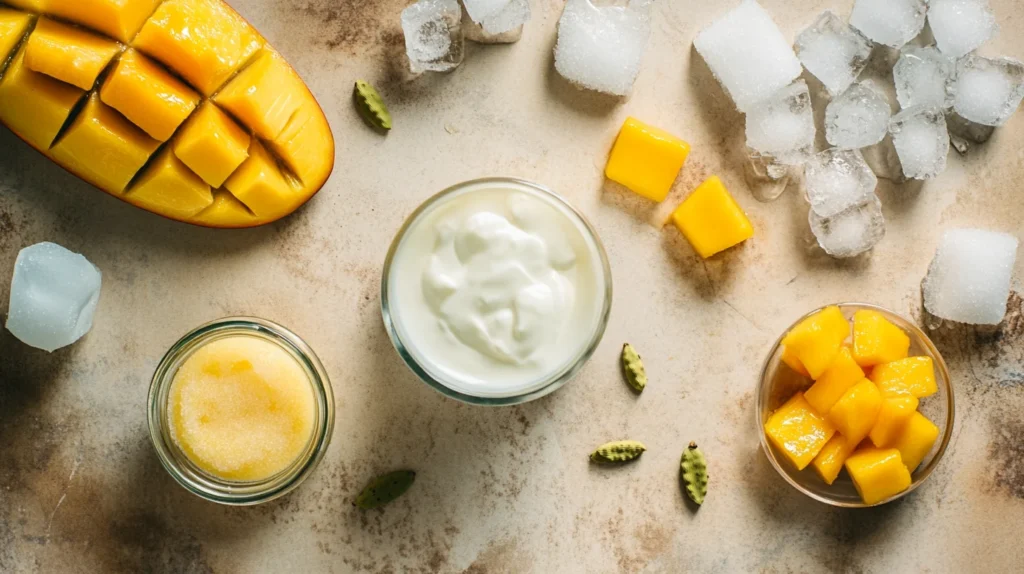 Ingredients for mango lassi: yogurt, mango, sugar, cardamom, and ice cubes laid out on a countertop.