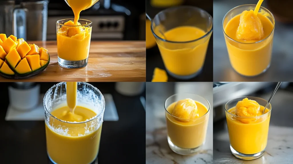 A step-by-step collage of making mango lassi: blending ingredients, pouring, freezing, and serving.