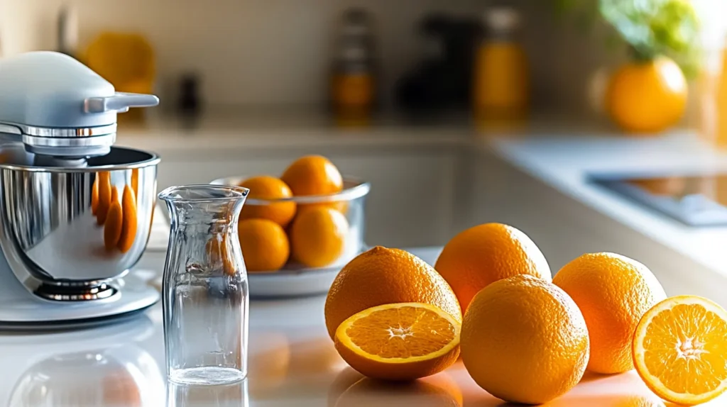 Fresh ingredients for orange juice preparation