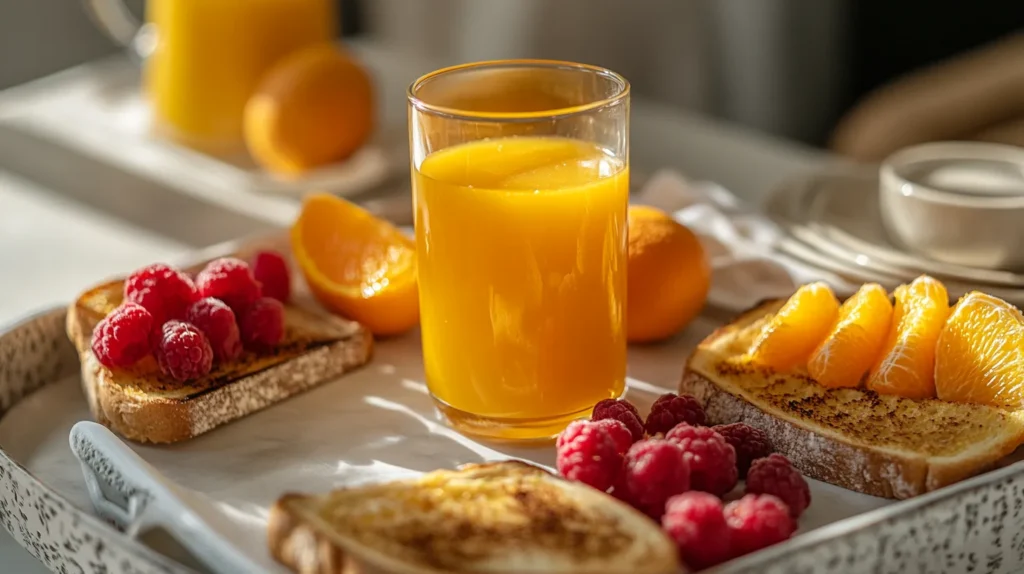 Glass of orange juice with pulp on a rustic wooden table