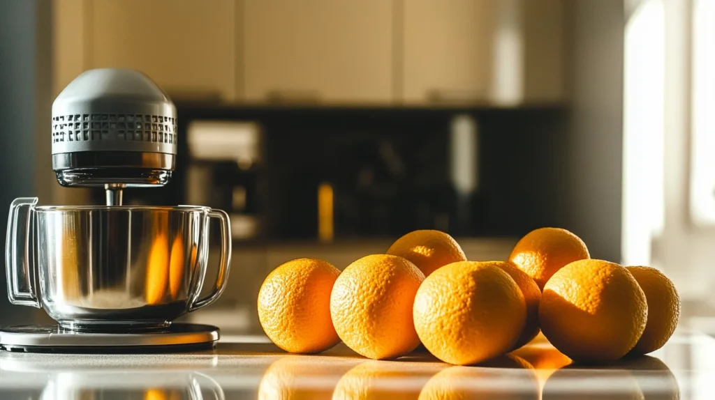 Fresh oranges and a juicer on a kitchen countertop