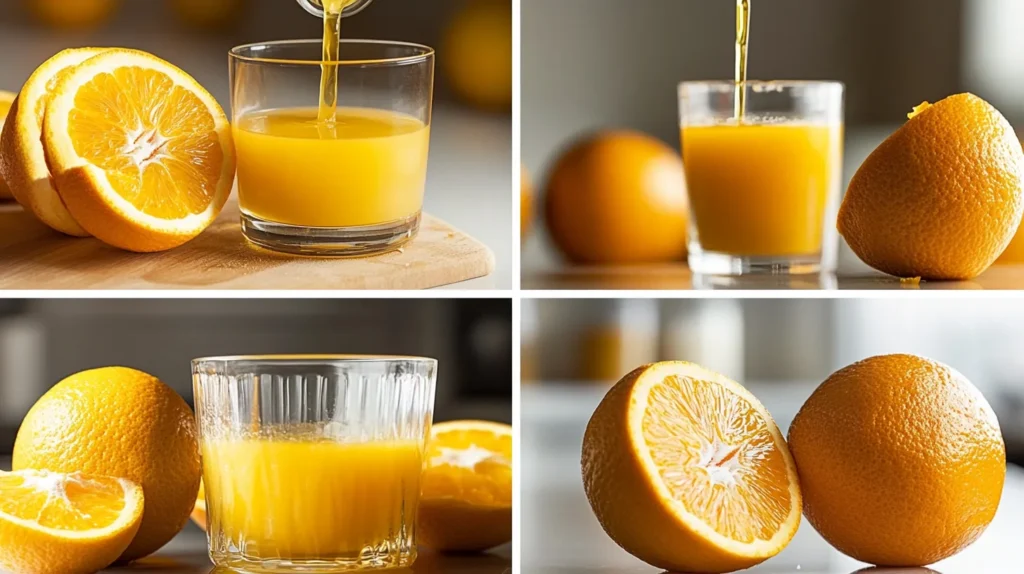 Four-step collage showing how to make orange juice with pulp