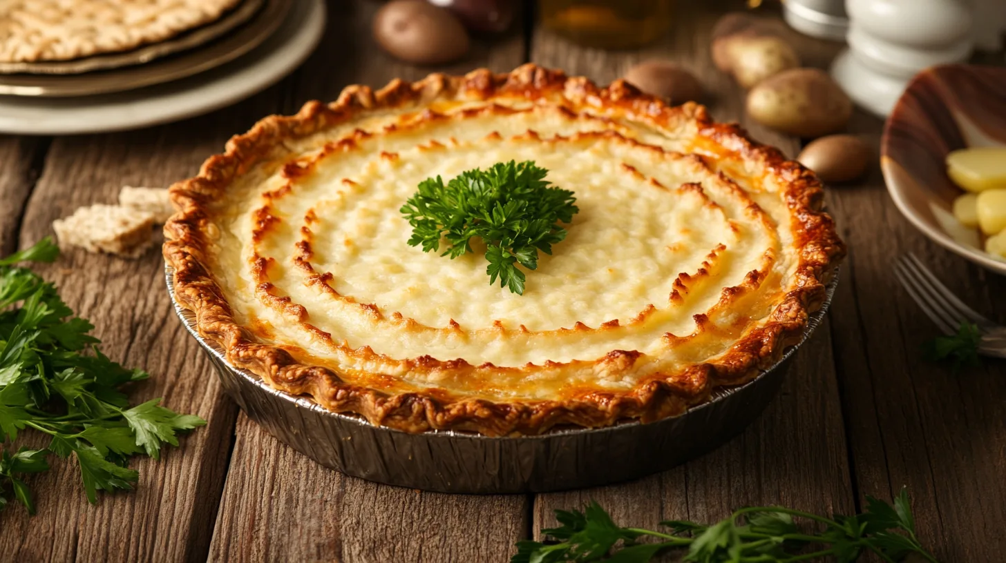 A golden Passover potato pie with a crispy crust served on a wooden table.