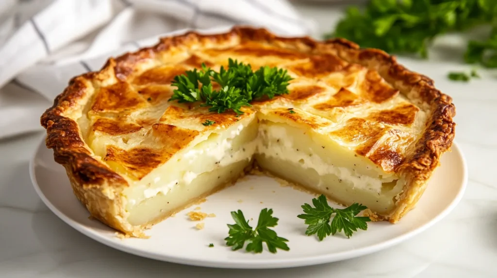 A golden-brown Passover potato pie sliced and served on a white plate with parsley garnish.