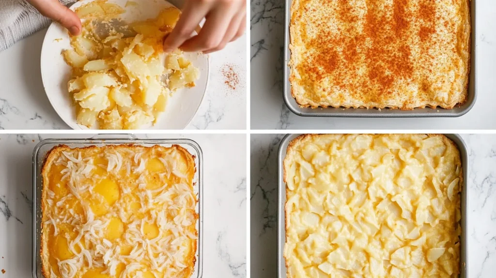 Four-step preparation of Passover potato pie: grating potatoes, mixing ingredients, spreading in a dish, and baking to golden brown.