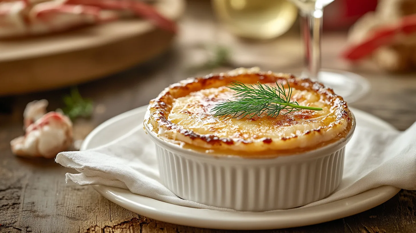 Golden caramelized crab brûlée in a ramekin