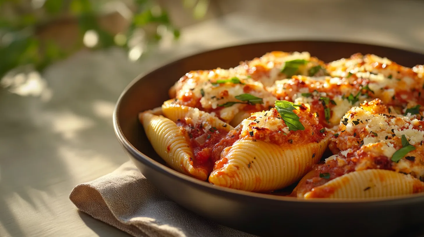 "Golden baked Ronzoni stuffed shells in a casserole dish"