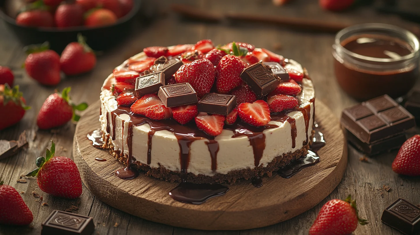 A beautifully styled Snickers strawberry cheesecake surrounded by fresh strawberries and Snickers bars on a rustic table.