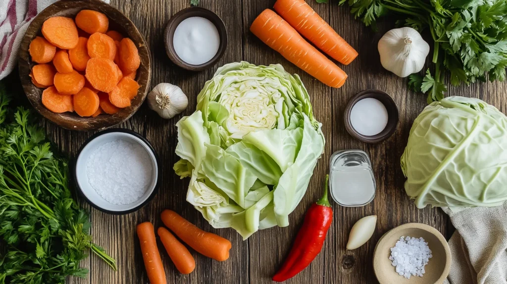 ingredients for a pikliz recipe, including shredded cabbage, julienned carrots, Scotch bonnet peppers, garlic cloves, and salt