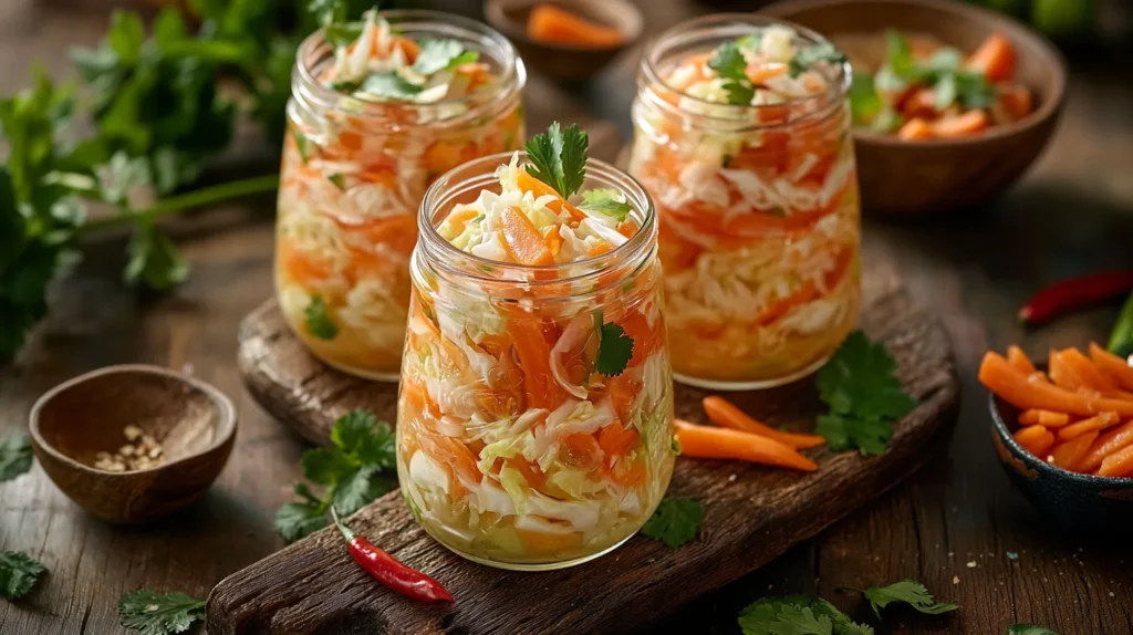 pikliz in a glass jar, showcasing layers of pickled cabbage, carrots, and Scotch bonnet peppers