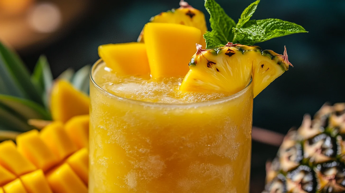 A vibrant glass of pineapple mango juice on a tropical table.