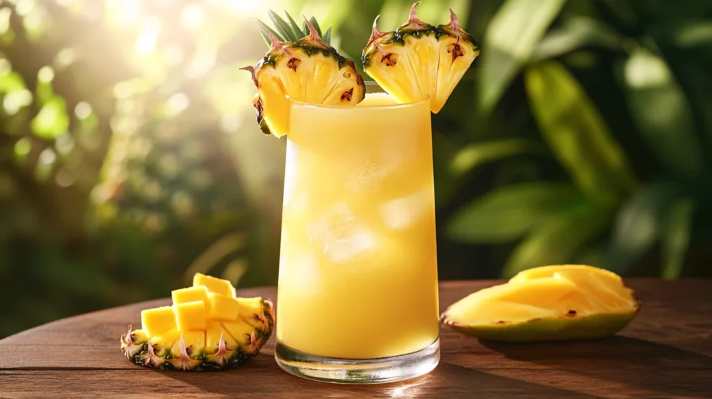 A finished glass of pineapple mango juice ready to serve.