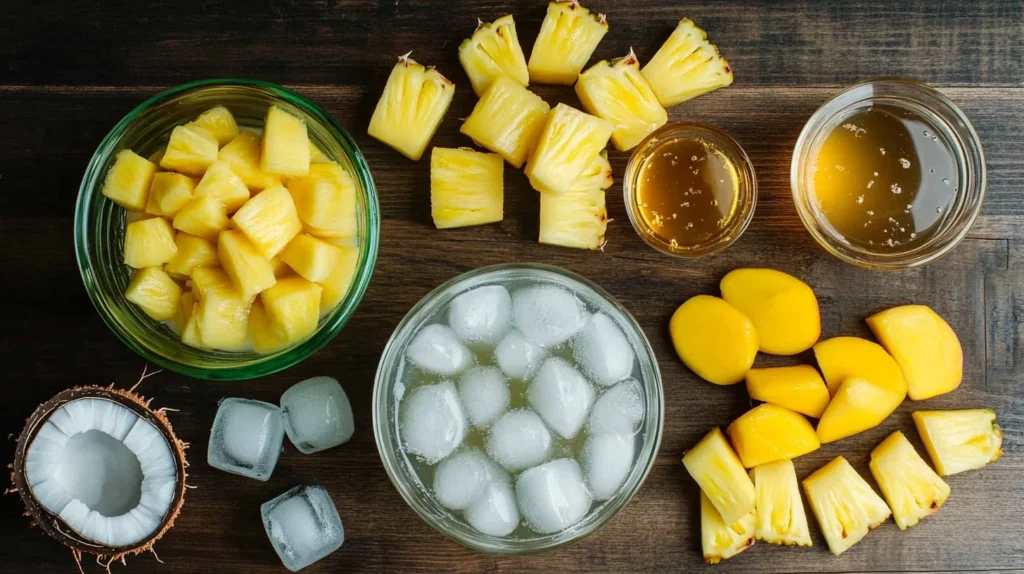 Ingredients for pineapple mango juice neatly displayed.