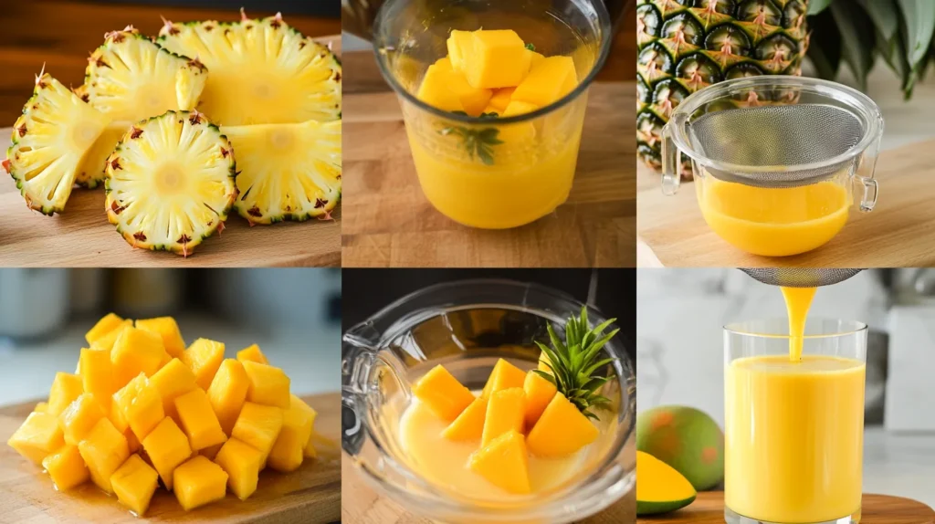 Step-by-step visuals of making pineapple mango juice.