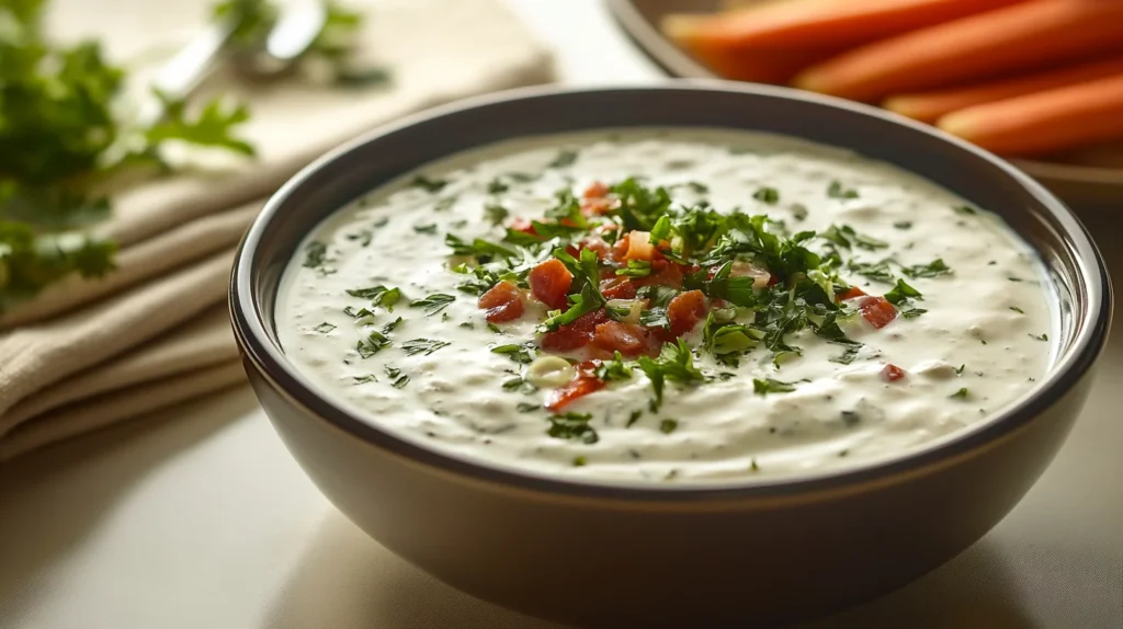 Finished Hidden Valley Ranch dip garnished with herbs