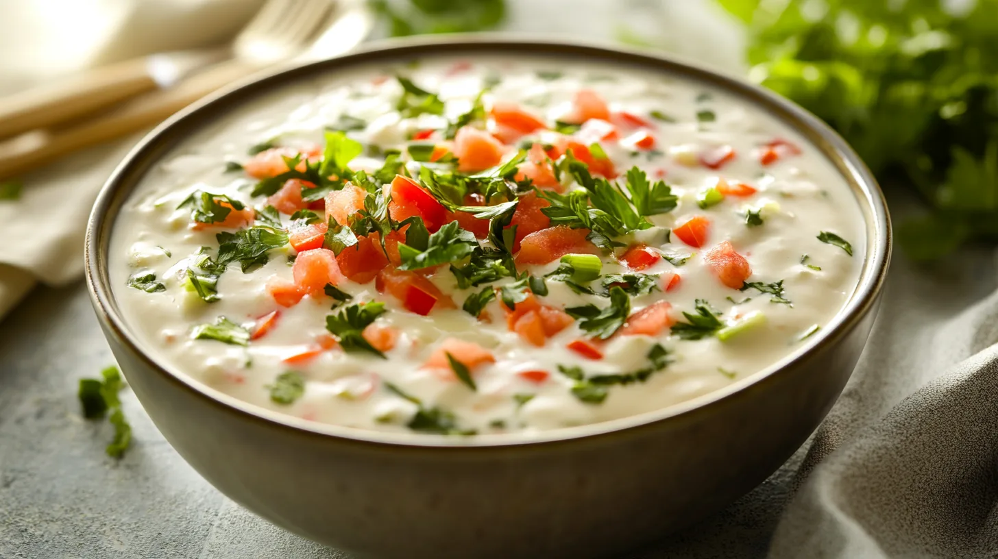 Bowl of creamy Hidden Valley Ranch dip with veggies and chips