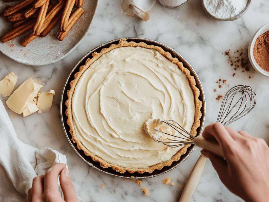 Hands spreading cream cheese filling onto a crust in a cozy kitchen with nearby baking ingredients.