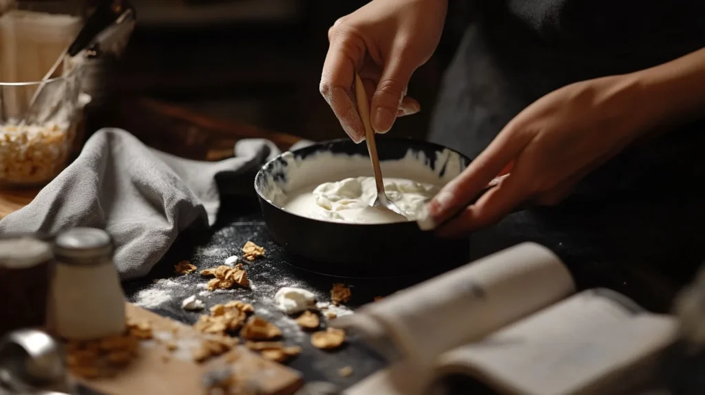 Greek yogurt dessert preparation process with tools and ingredients in action