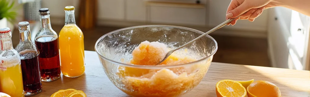 Step-by-step preparation of brandy slush drink, mixing and freezing