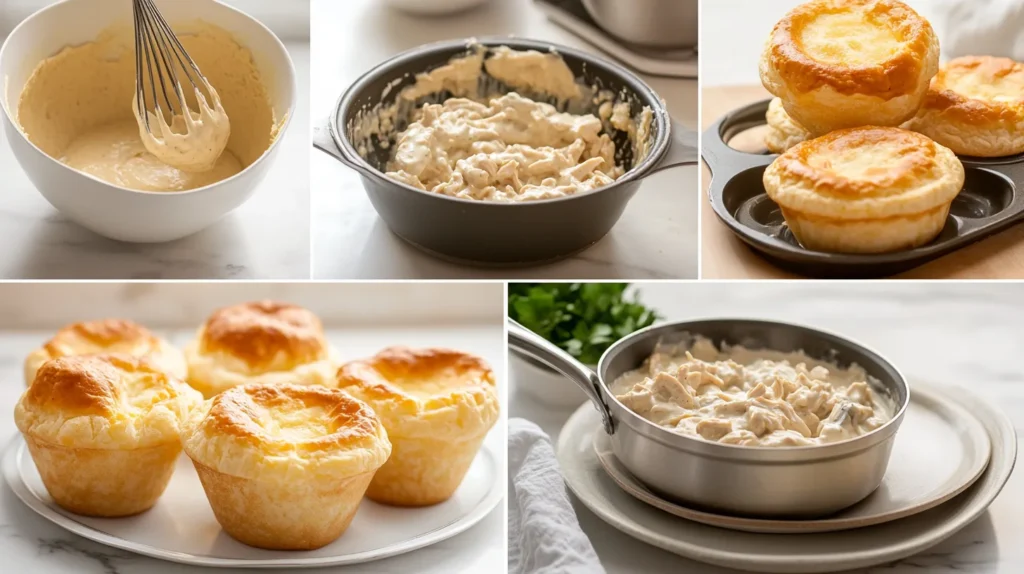 "Four-step process for making chicken pot pie in popovers, from batter to plating."