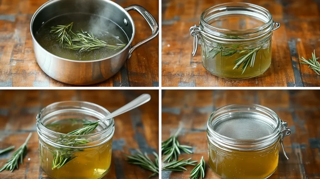 "Step-by-step process of making rosemary simple syrup."