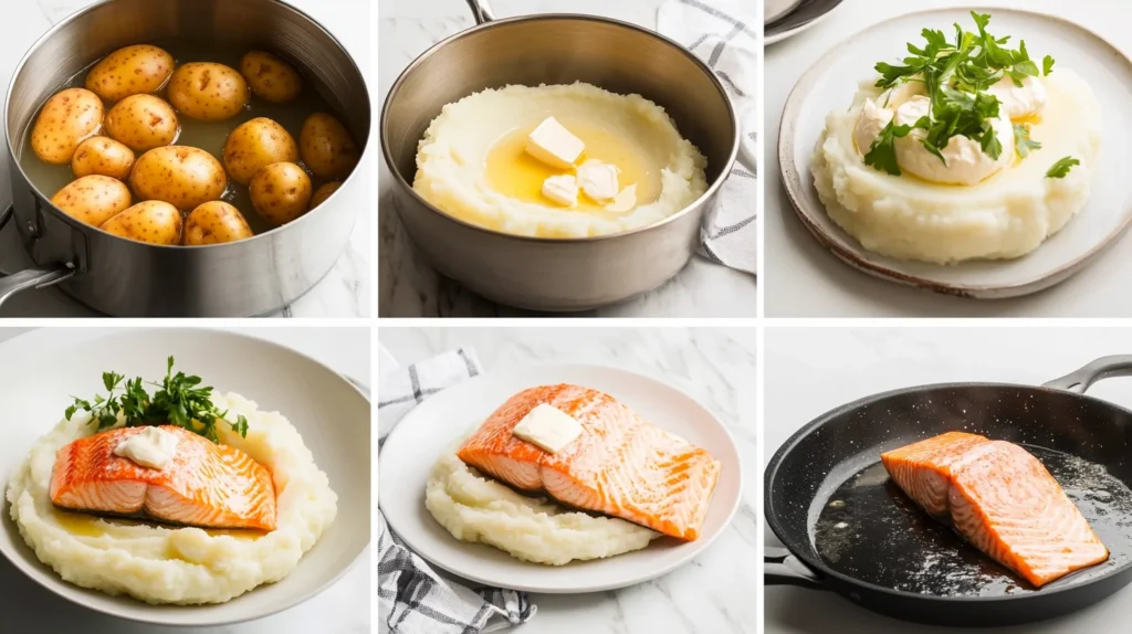 "Step-by-step preparation of salmon and mashed potatoes, from cooking to plating."