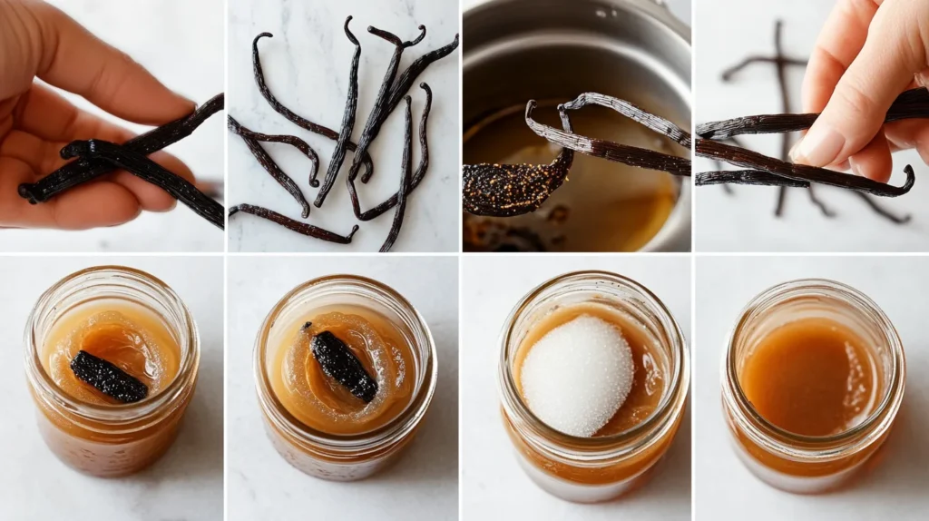 "Step-by-step preparation of vanilla paste, from scraping vanilla pods to storing in a jar."