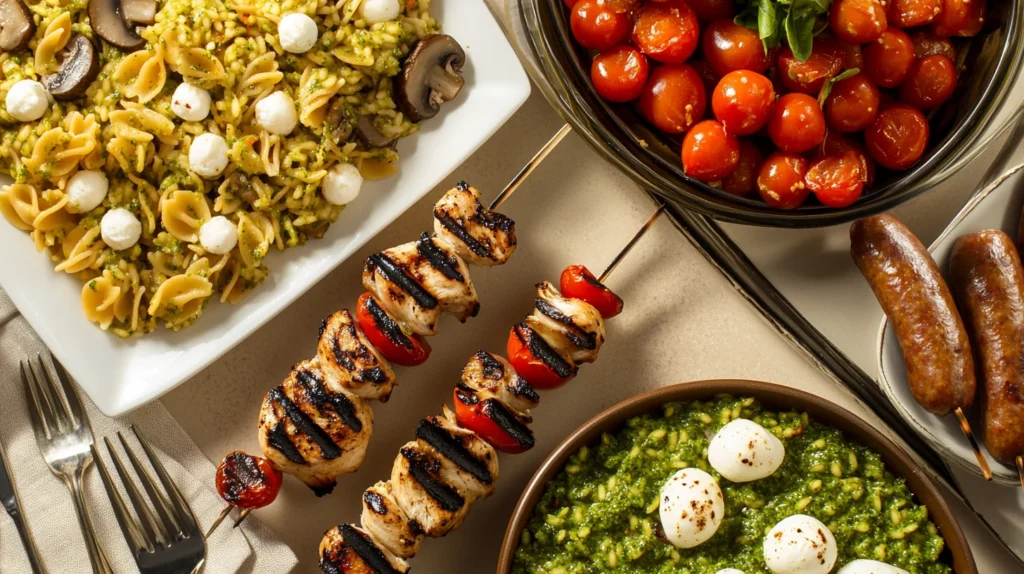 Grilled chicken skewers, Italian sausage, risotto, and pesto pasta salad on an elegant table.