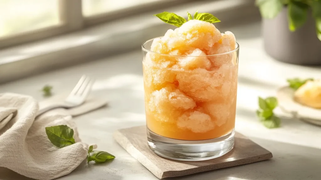 Final presentation of brandy slush drink in a glass with orange slice and mint