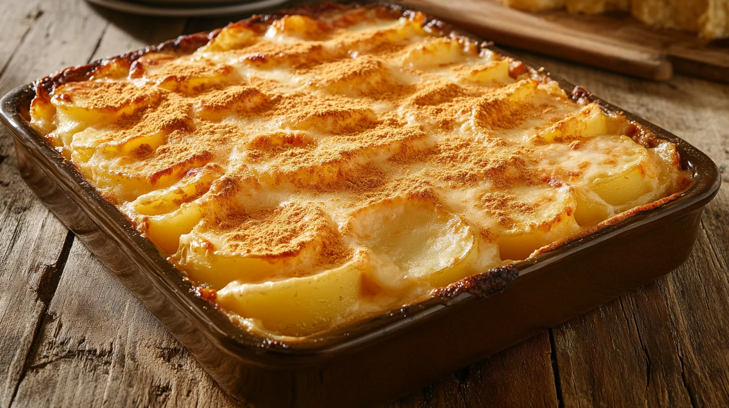 Golden scalloped potatoes casserole made with cheese powder on a rustic table.