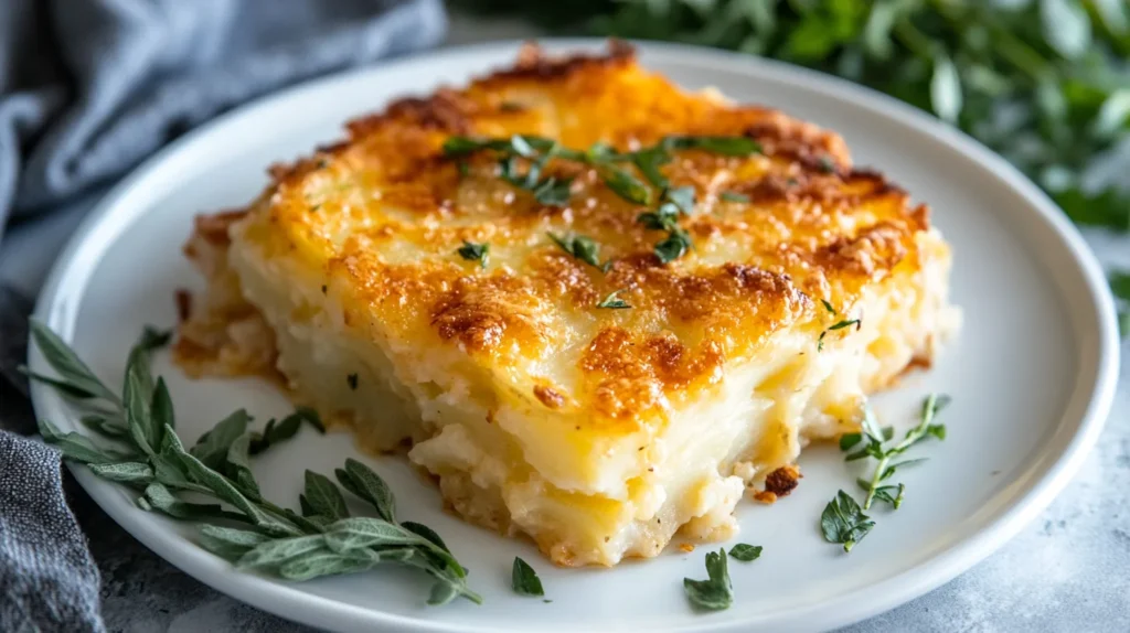 A golden, cheesy scalloped potatoes dish served with fresh herbs on a white plate.