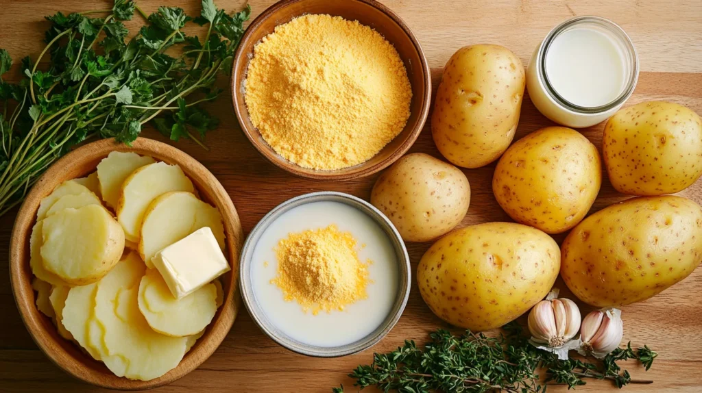 Ingredients for scalloped potatoes: potatoes, cheese powder, milk, butter, garlic, and herbs.