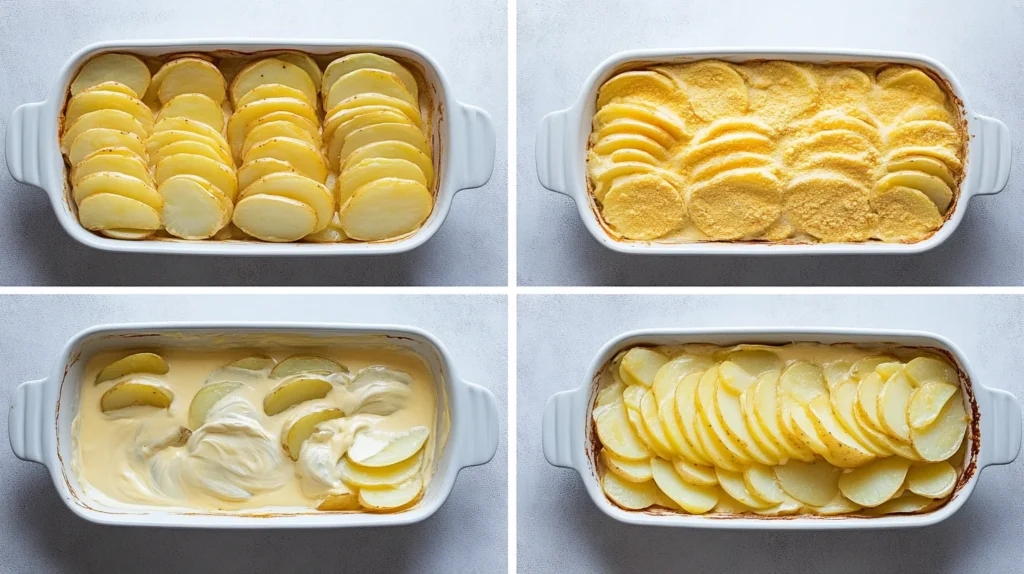 Step-by-step preparation for scalloped potatoes: slicing, mixing, layering, and baking.