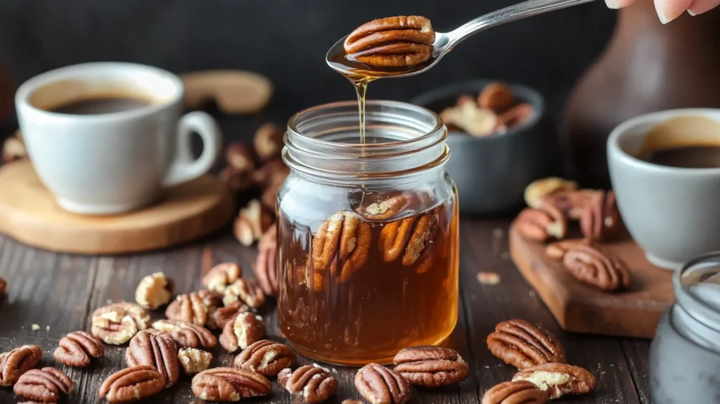 Finished jar of toasted pecan syrup with coffee setup