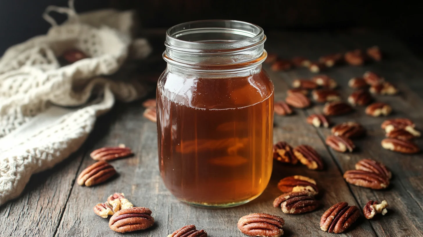 A jar of toasted pecan simple syrup on a wooden table