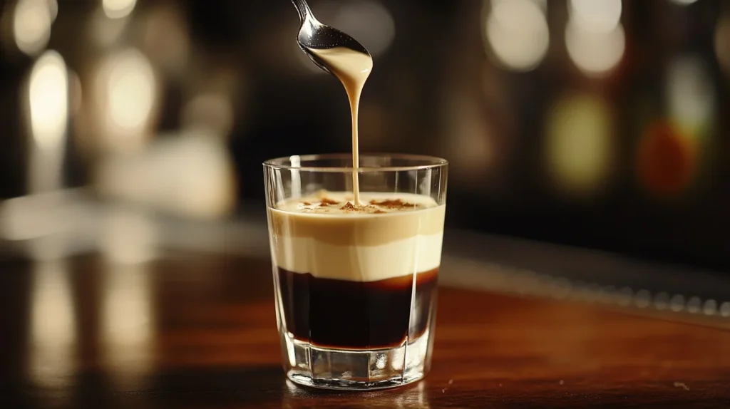 Step-by-step process of layering Sambuca and Irish cream for the Slippery Nipple drink recipe.