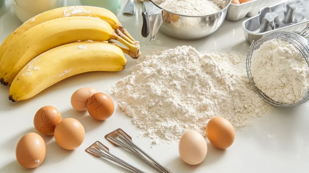 Ingredients for sourdough banana muffins on a kitchen counter