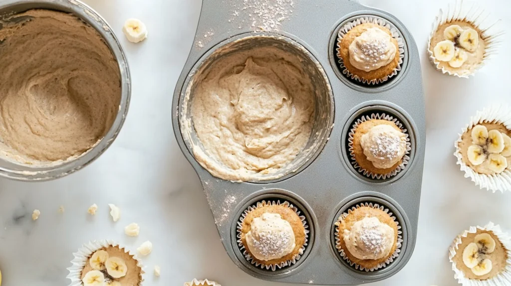 Mixing sourdough banana muffin batter in a bowl